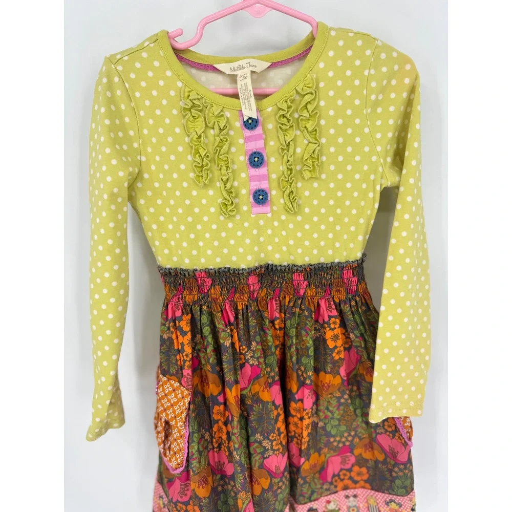 Matilda Jane Dress Girls Size 4 Green Floral Polka Dot Long Sleeve Mixed Print - Picture 3 of 7